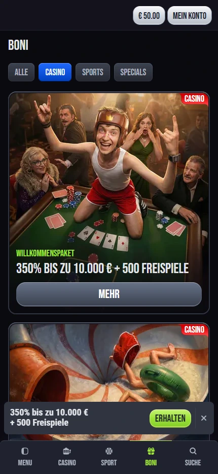 SlimKing Casino Aktionsseite mit Willkommenspaket bis zu 350 Prozent und 10.000 Euro plus 500 Freispiele sowie wöchentlichen Reload- und Cashback-Boni